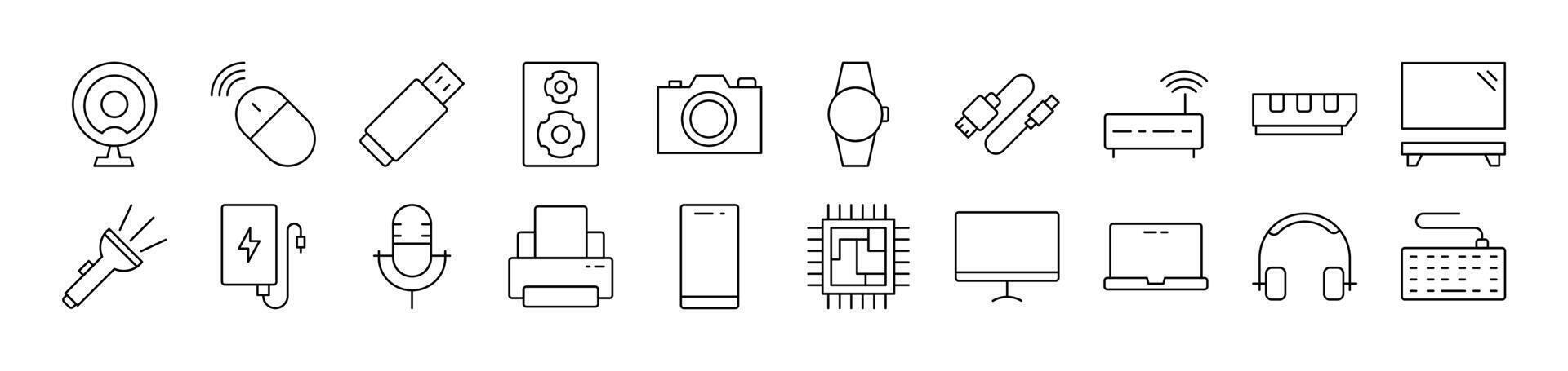 Microphone, USB Cable, Camera, Chip etc Outline Image Collection. Editable Stroke. Perfect for Infographics, Articles, Books, Flyers, Banners vector