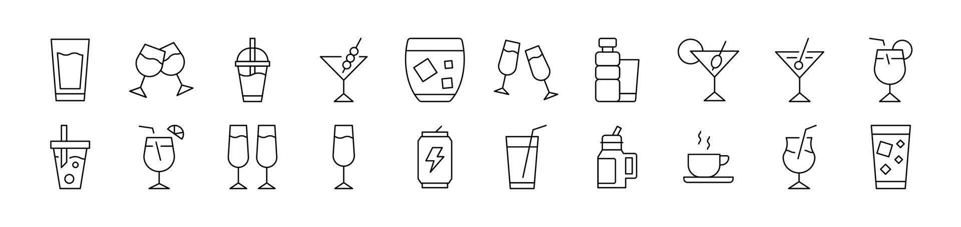 Collection of Signs of Alcoholic Drink, Energy Drink, Soft Drinks Drawn with Thin Line for apps, web sites, banners, infographics and other types of design vector