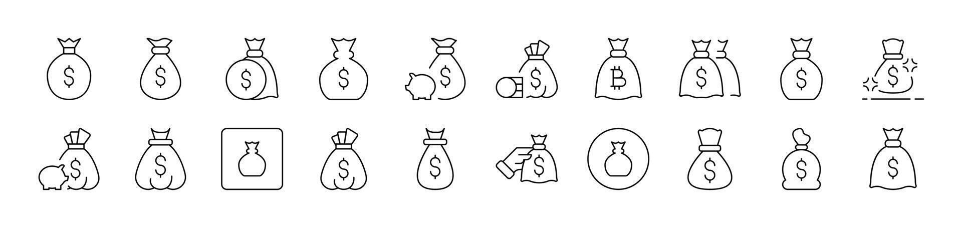 Money Bag Outline Image Collection. Editable Stroke. Perfect for Infographics, Articles, Books, Flyers, Banners vector