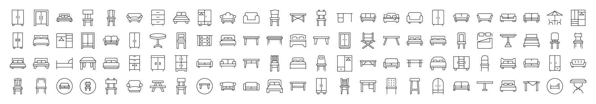 Simple Linear Icon of Couch, Sofa, Table, Chair. Editable Stroke. Minimalistic Linear Pictogram for Design of Cards, Apps, Banners, Posts vector