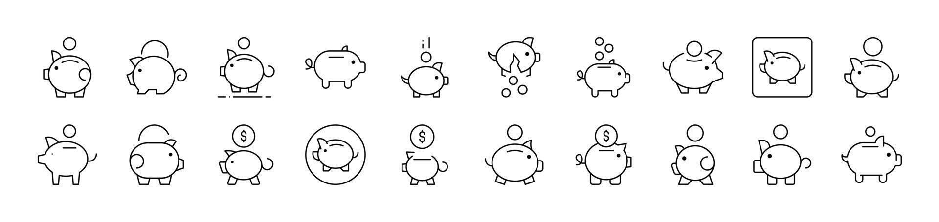 Piggy Bank Simple Icon Collection. Editable Stroke. Perfect for Infographics, Articles, Books, Flyers, Banners vector