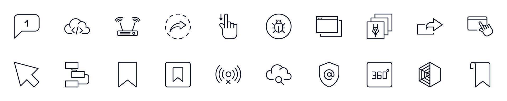 Web and internet set of outline symbols of web and internet. Line icon perfect for web sites, newspapers, articles, book vector