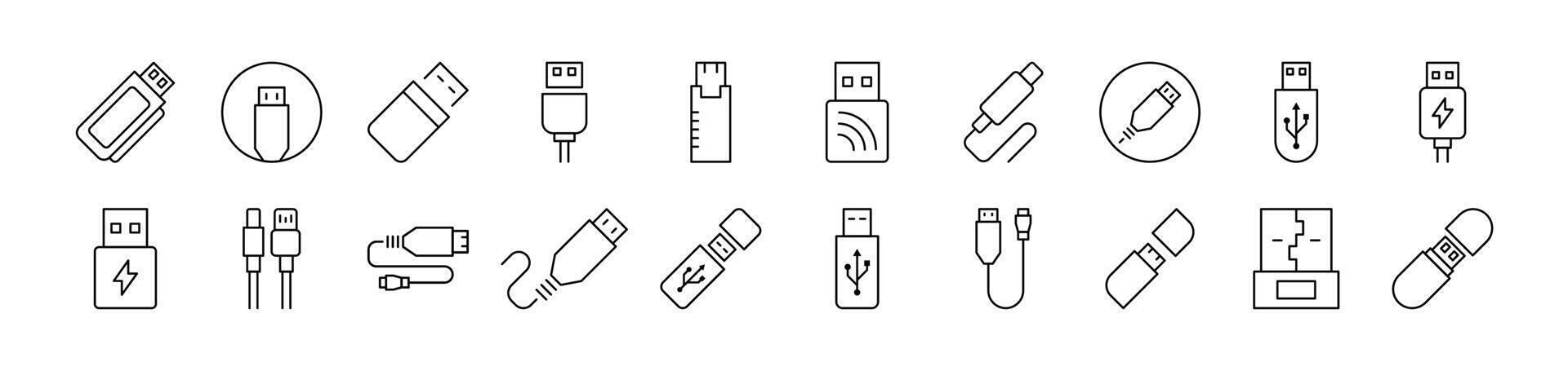 Pack of Line Icons of USB Cable. Editable Stroke. Minimalistic Linear Pictogram for Design of Cards, Apps, Banners, Posts vector