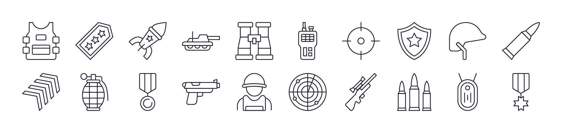 Army and Military Outline Icon Collection. Editable Stroke. Perfect for Infographics, Articles, Books, Flyers, Banners vector