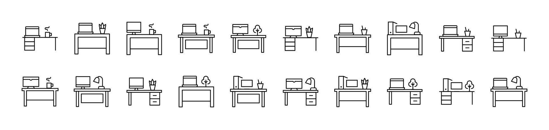 Computer on Table Pack of Thin Icons. Editable Stroke. Suitable for Web Sites, Books, Cards, Apps vector