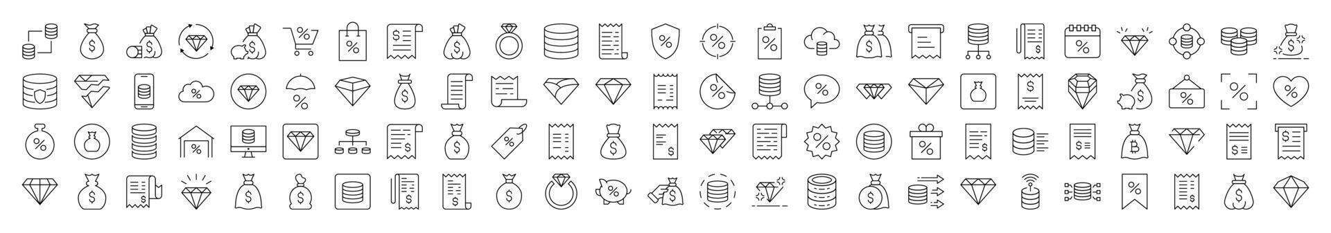 Dollar, Receipt, Diamond, Percent Line Icon Collection. Editable Stroke. Minimalistic Linear Pictogram for Design of Cards, Apps, Banners, Posts vector