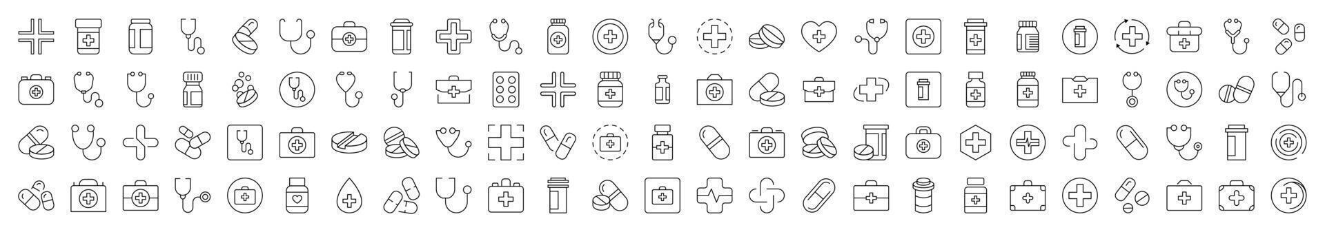Collection of Health Care Related Line Icons. Editable Stroke for Design, Web Sites, Apps, Cards. Contains Linear Images of Medical Cross, Pills, Stethoscope, Suitcase vector