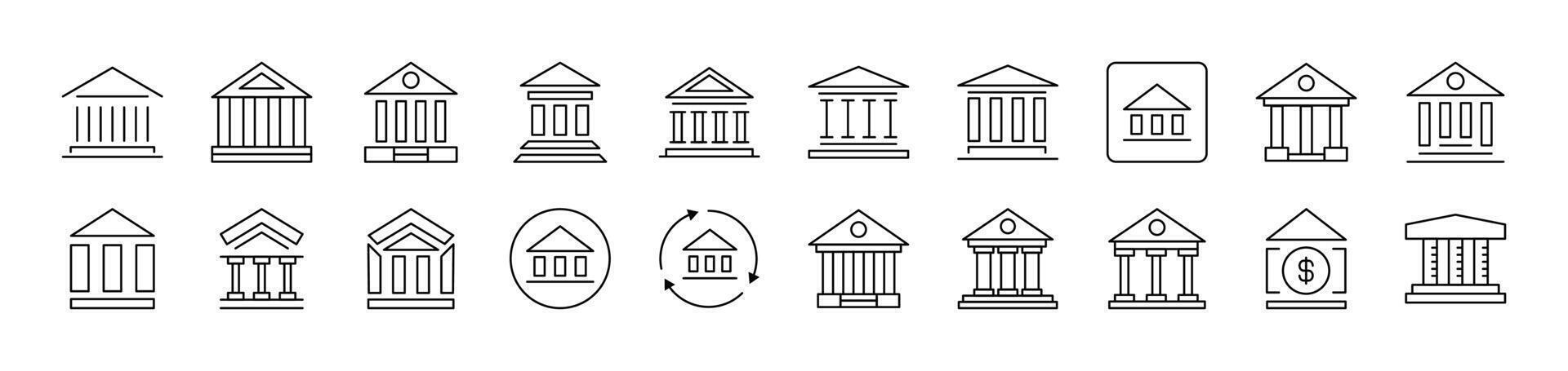 Bank Building Outline Picture Collection. Editable Stroke. Perfect for Infographics, Articles, Books, Flyers, Banners vector