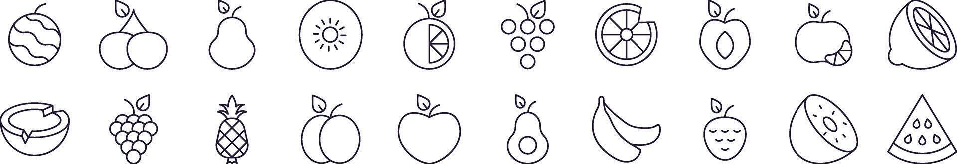 Pack of Line Icons of Watermelon, Coconut, Grape and Other Fruits. Editable Stroke. Minimalistic Linear Pictogram for Design of Cards, Apps, Banners, Posts vector