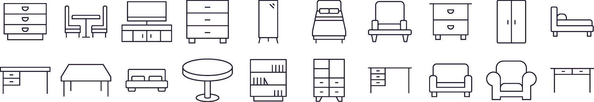 Table, Closet, Mirror, Chair and Table Line Icon Pack. Editable Stroke. Minimalistic Linear Pictogram for Design of Cards, Apps, Banners, Posts vector