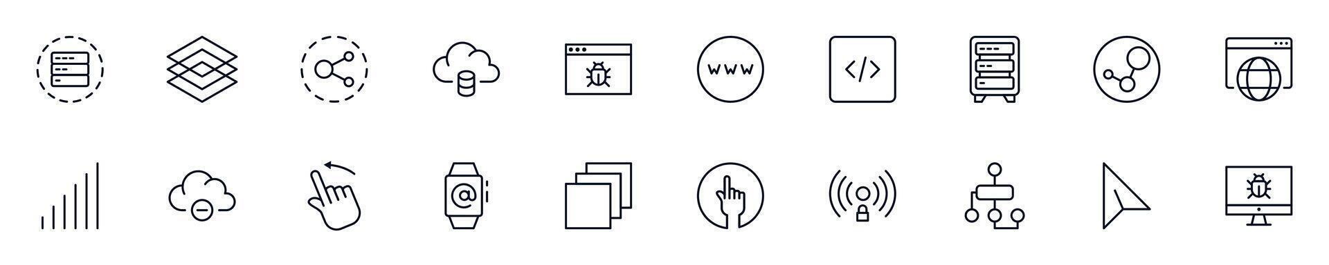Web and internet outline icons drawn with black thin line. Editable stroke. Simple linear illustration that can be used as a design element for apps and websites vector