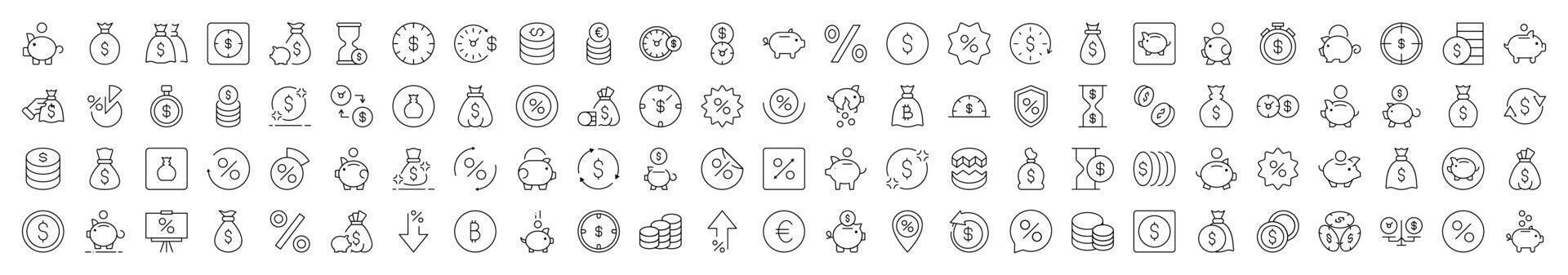 Set of Line Icons of Piggy Bank, Dollar, Coin, Percent. Editable Stroke. Minimalistic Linear Pictogram for Design of Cards, Apps, Banners, Posts vector
