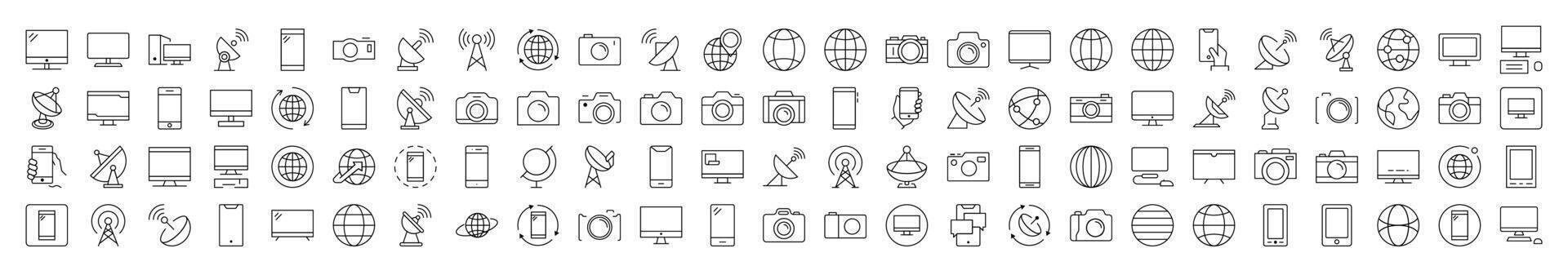 Bundle of Line Icons of Photo Camera, Globe, Computer, Radio Locator, Phone. Editable Stroke. Minimalistic Linear Pictogram for Design of Cards, Apps, Banners, Posts vector