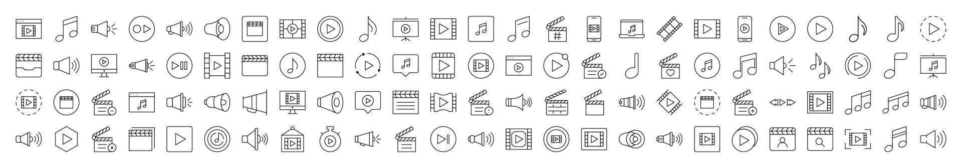 Set of Media Player Related Line Icons. Editable Stroke for Design, Web Sites, Apps, Cards. Contains Linear Images of Clapperboard, Musical Note, Loud Speaker vector