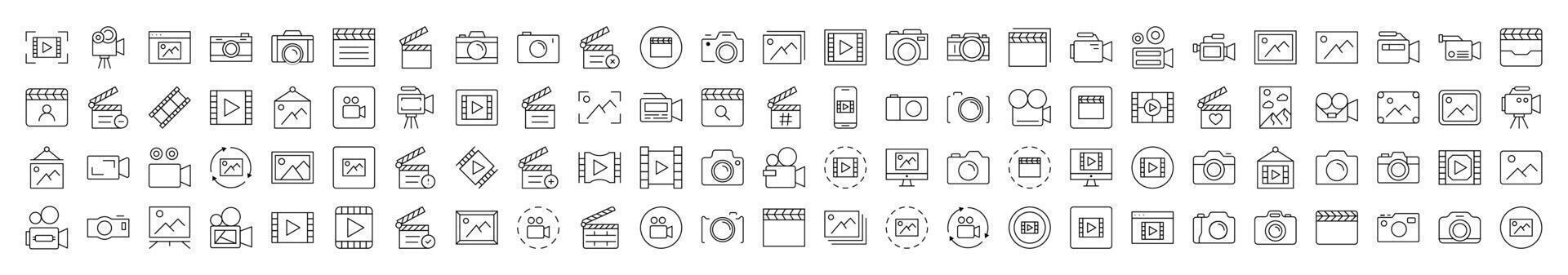 Clapperboard, Photo Camera, Movie, Picture Line Icon Bundle. Editable Stroke. Minimalistic Linear Pictogram for Design of Cards, Apps, Banners, Posts vector