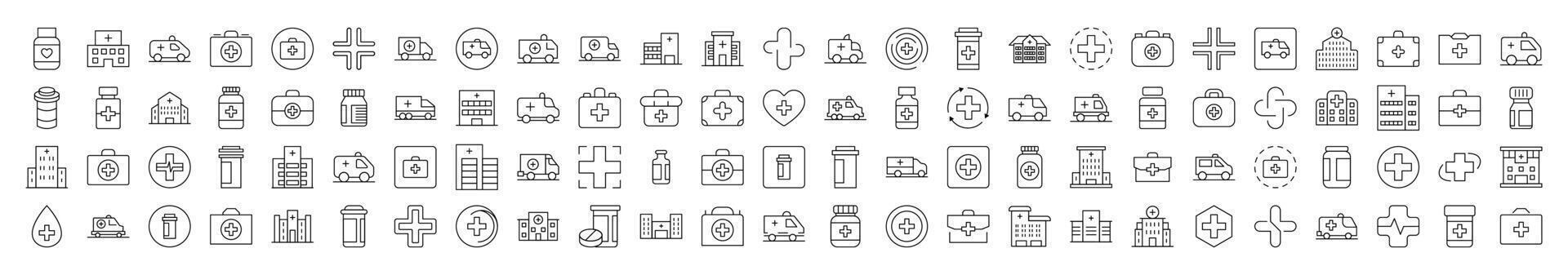 Medical Cross, Suitcase, Pills, Hospital, Treatment Related Image Collection. Editable Stroke. Perfect for Infographics, Articles, Books, Flyers, Banners vector