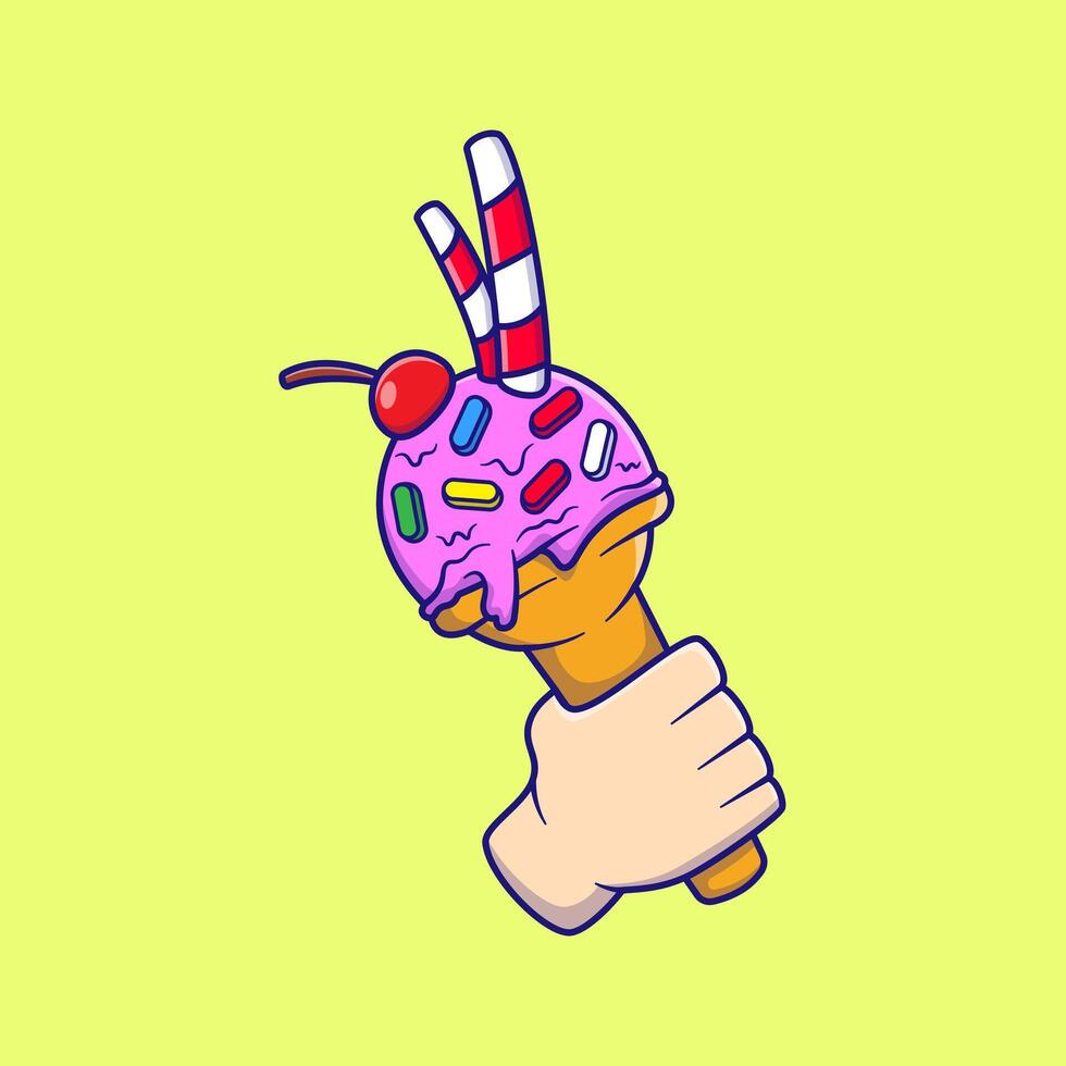 Hand Holding Ice Cream Cone Cartoon Illustration. Food Object Concept. Flat Cartoon Outline Style. vector