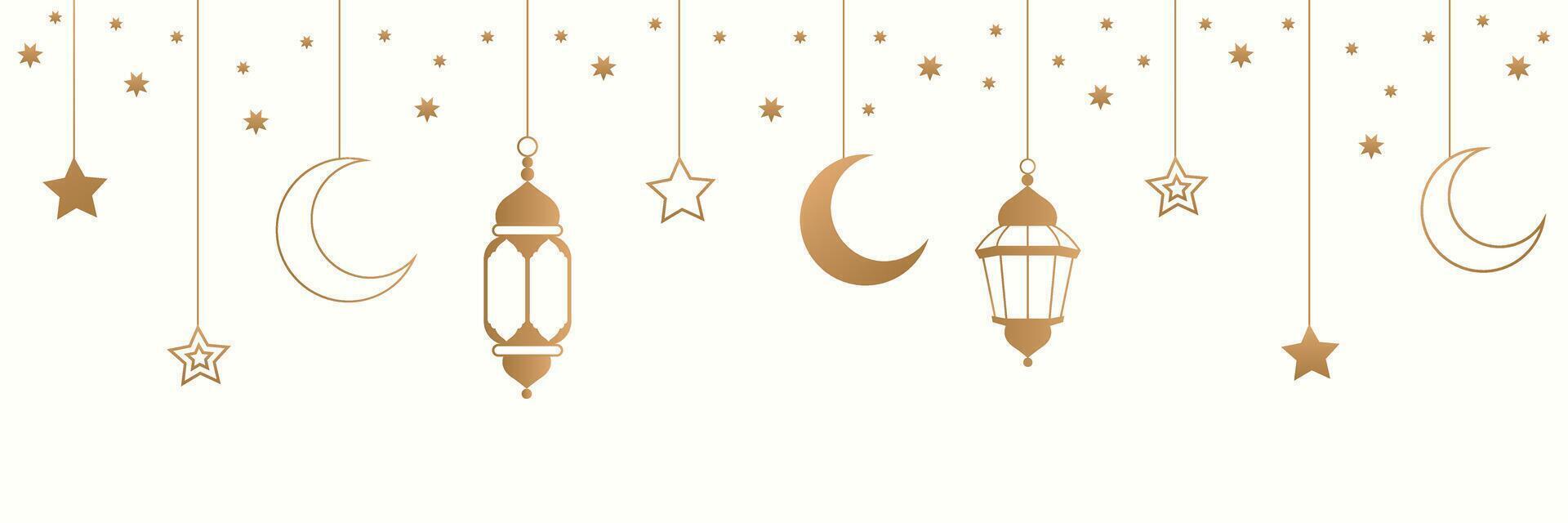 Background with golden islamic lamps, crescent and stars. vector
