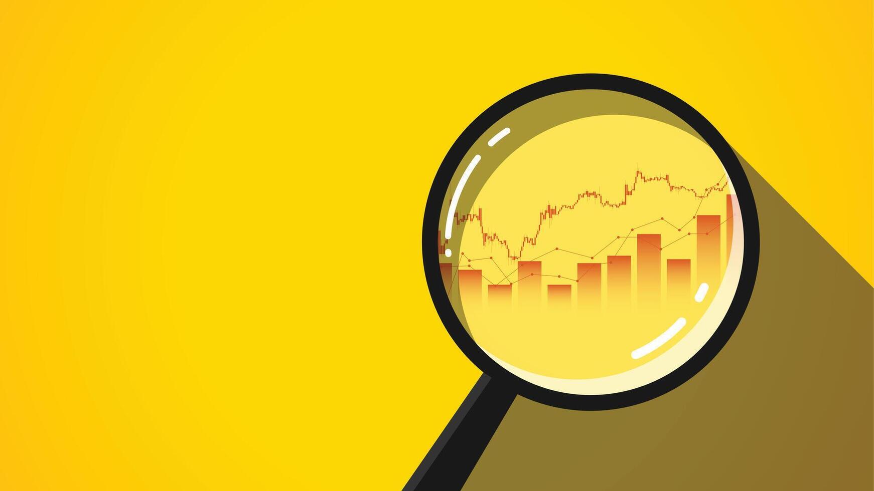 Global market analysis concept. Flat illustration of a magnifying glass and financial chart on a yellow background vector