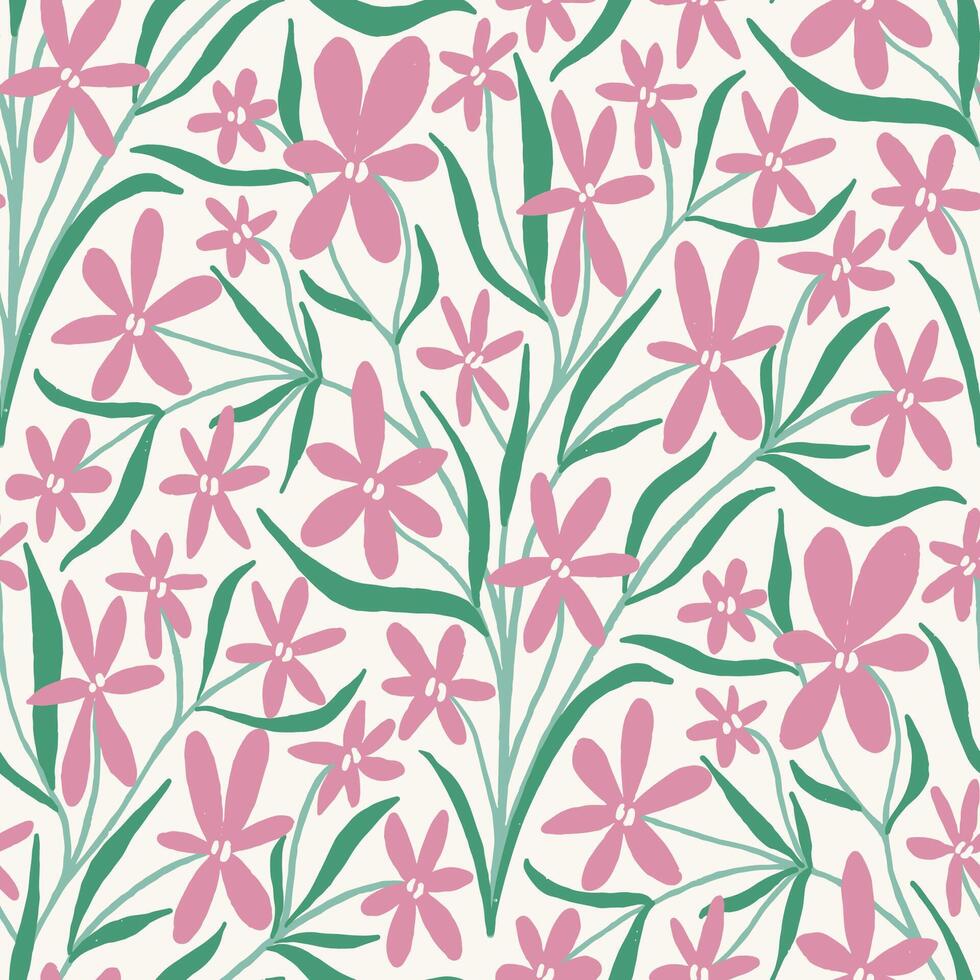 Blooming garden flowers seamless pattern in pink green on cream white background. Tender floral repeat pattern for fabric, paper, wallpaper design. vector