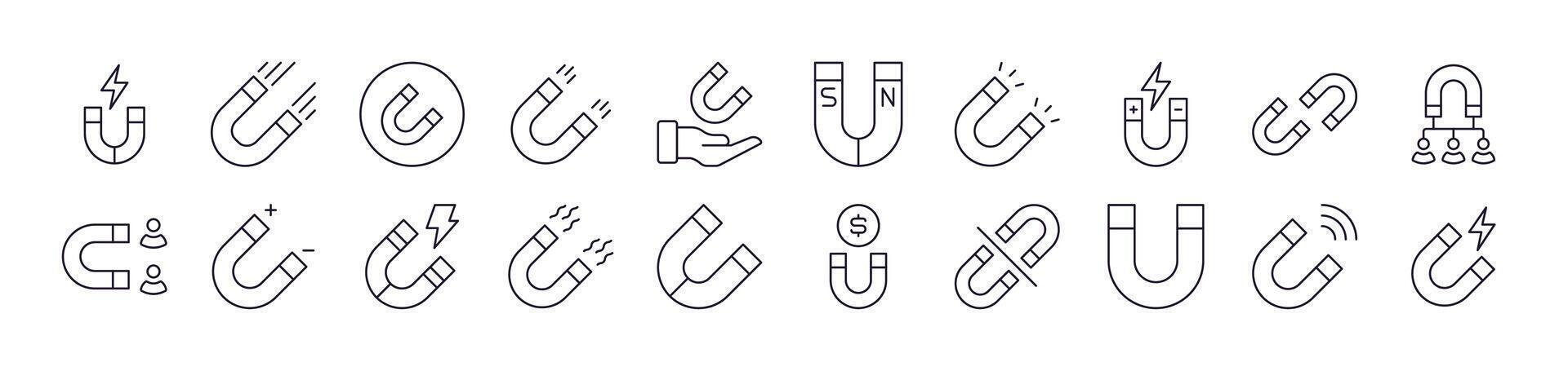 Collection of Line Icons of Magnet. Editable Stroke. Minimalistic Linear Pictogram for Design of Cards, Apps, Banners, Posts vector