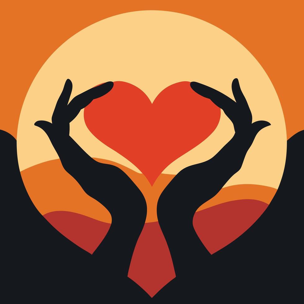 hands reaching up to a heart shape on an orange background vector