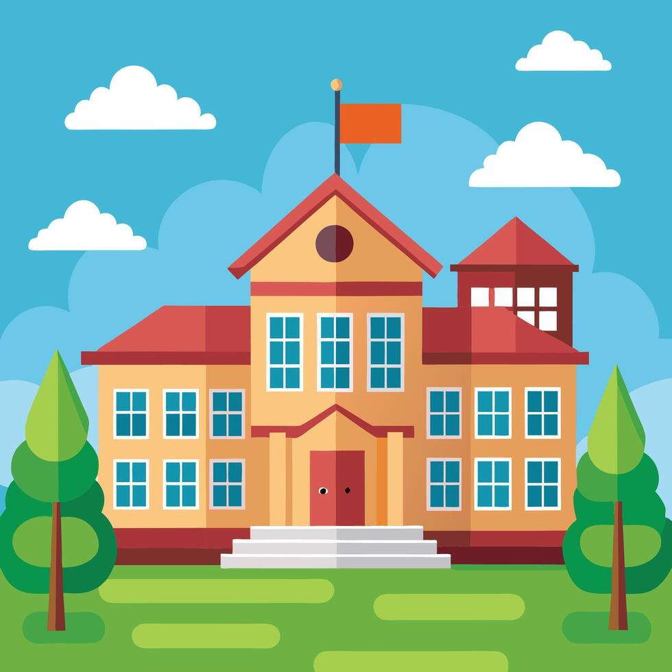 school building with flag on top, school building with trees and grass vector