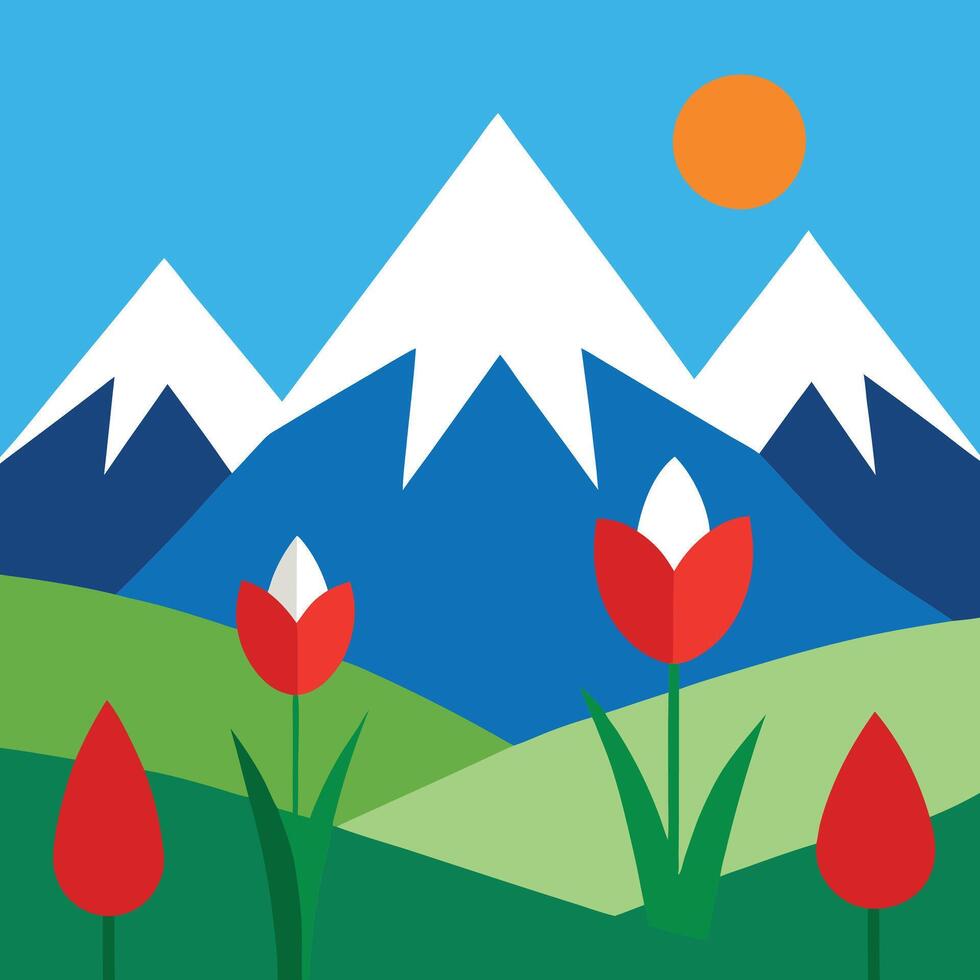 a flat design of a mountain with flowers and a sun vector