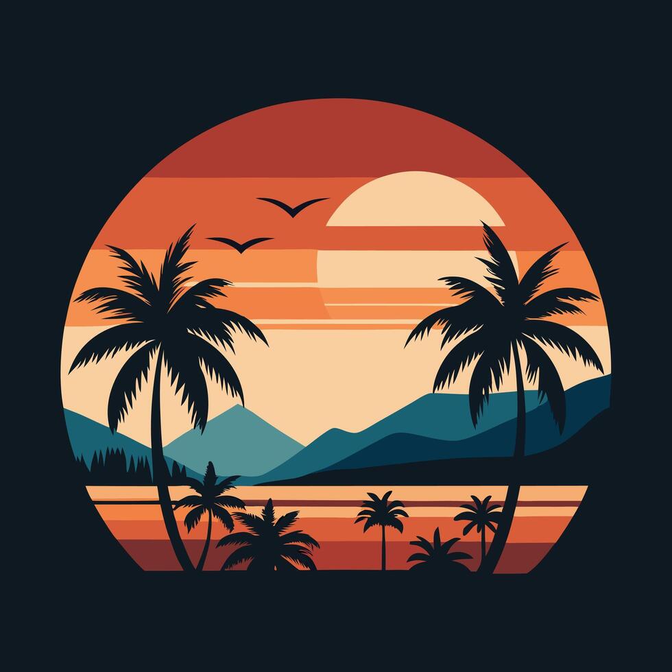 tropical sunset with palm trees and mountains vector
