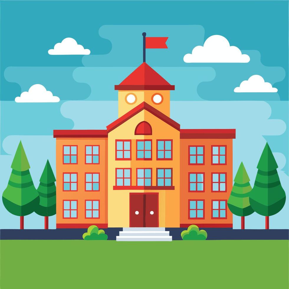 school building with red flag on top and trees vector
