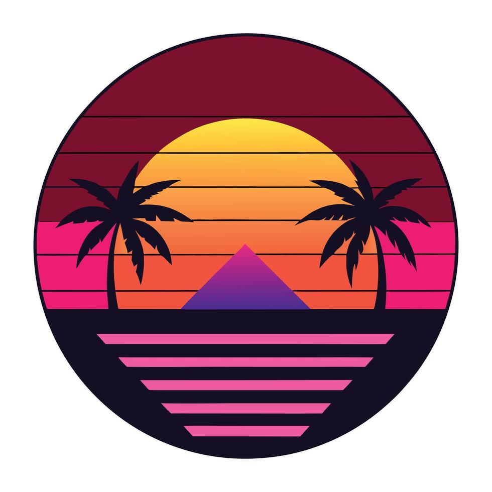 retro style palm trees and sunset illustration vector