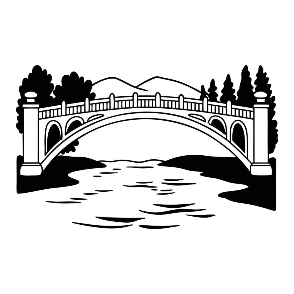 a black and white drawing of a bridge over a river vector