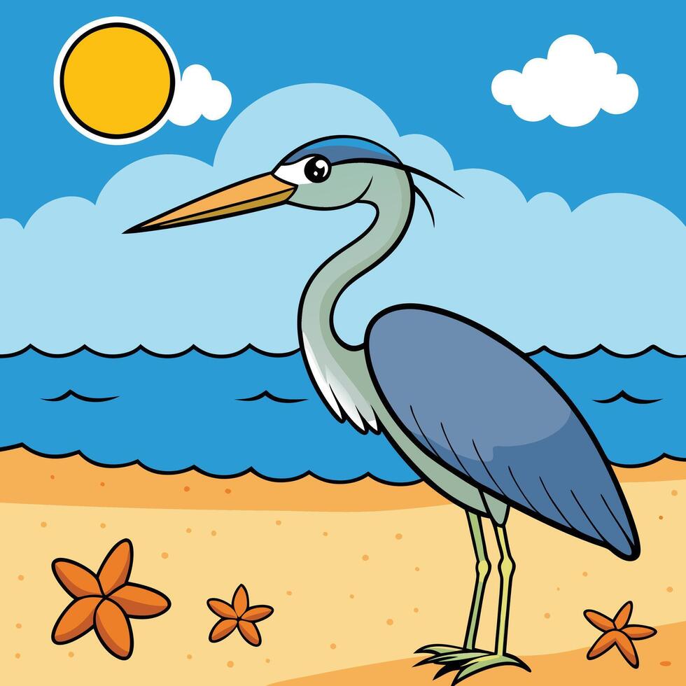 a cartoon heron standing on the beach with flowers vector