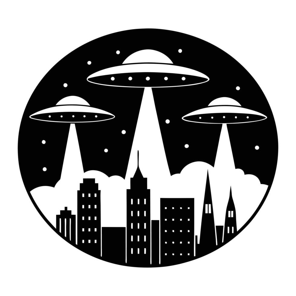 ufo flying saucer over city illustration vector