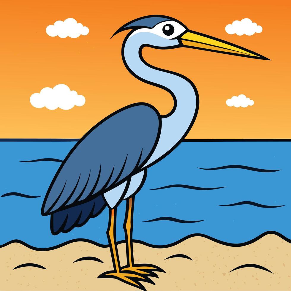 a cartoon heron standing on the beach vector