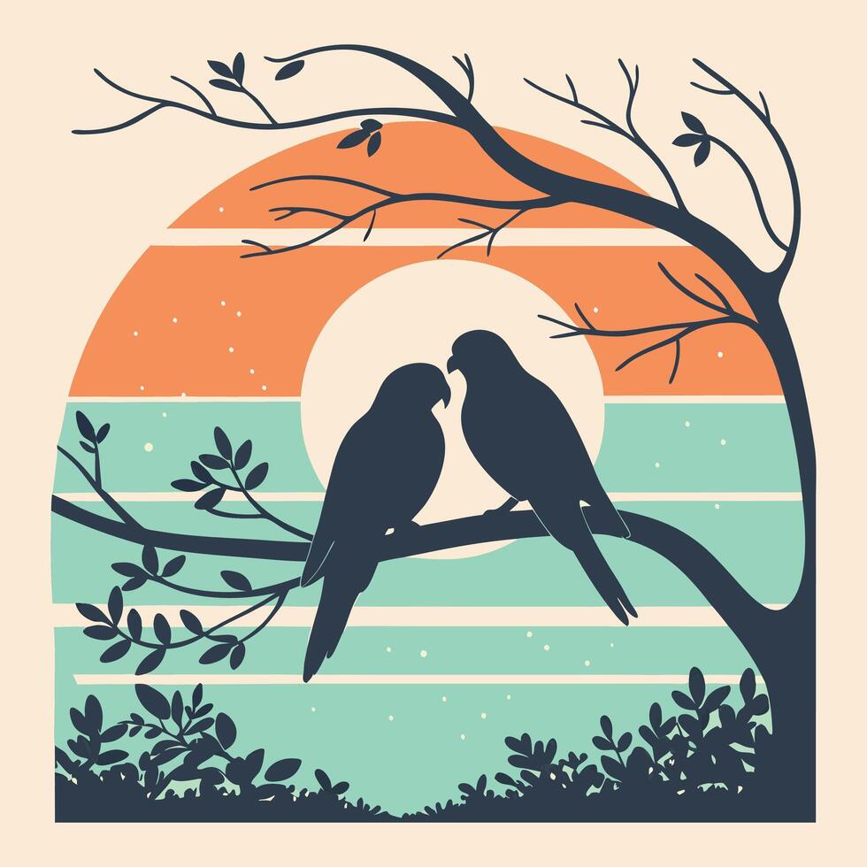 two birds sitting on a tree branch with sunset in the background vector