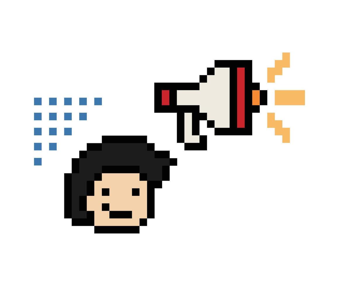 Pixel art of man male or boy with megaphone shout announce declare speak cartoon cute 8-bit. vector