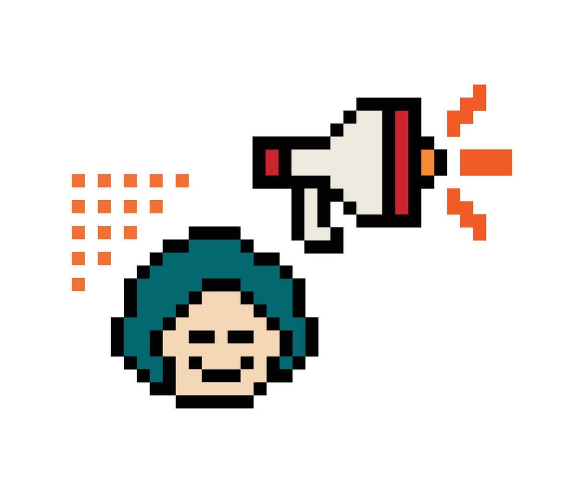 Cute design pixel 8 bit man male or boy with megaphone shout announce declare speak cartoon art. vector