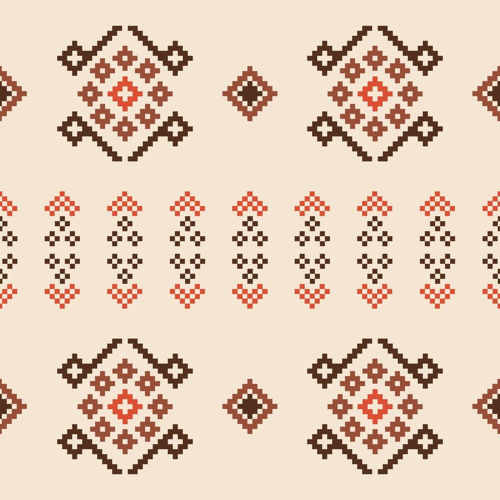 Ethnic motif wallpaper with brown cream background fabric pattern design pixel art. vector