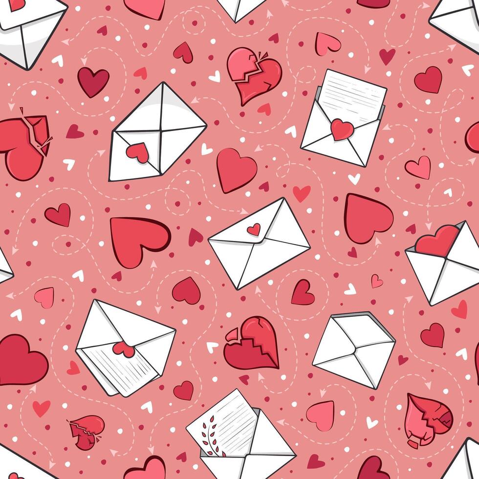 Love letters in envelopes seamless pattern. Background design for wrapping paper on March 8, wedding anniversary and Valentines day. Cute cartoon kids backdrop for textile, linen, scrapbooking vector