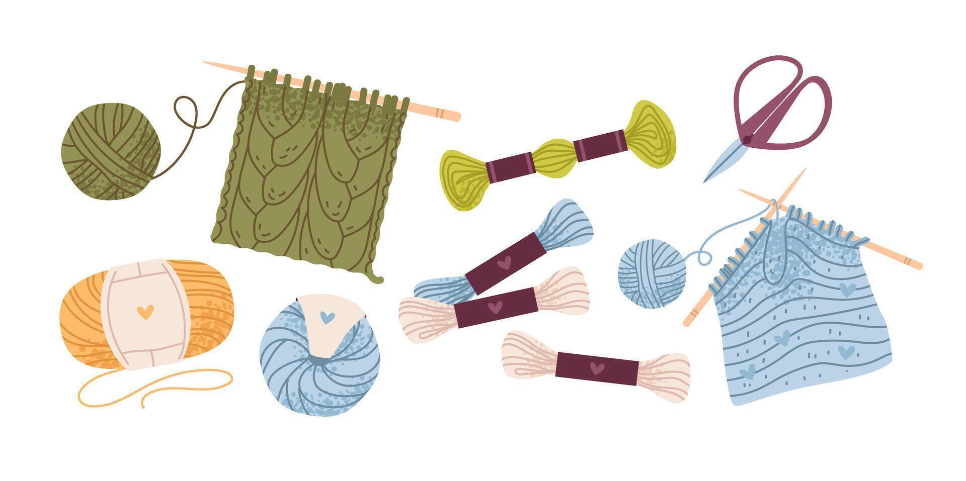Crafting, handmade. Knitting tool with cozy yarn balls, needles, and handmade elements. A warm, leisurely hobby. Flat set. vector