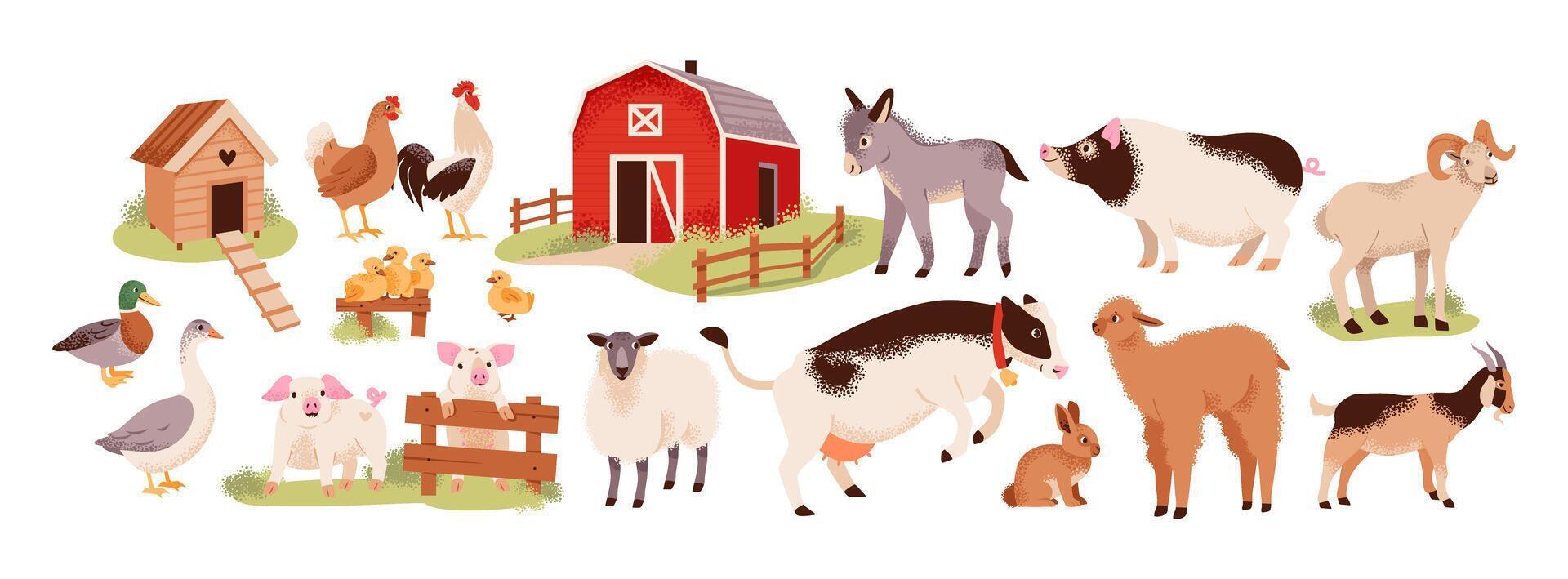 Farm animals, cow, pigs, chickens and livestock in a rustic barnyard. Sustainability and rural. Flat illustration. vector