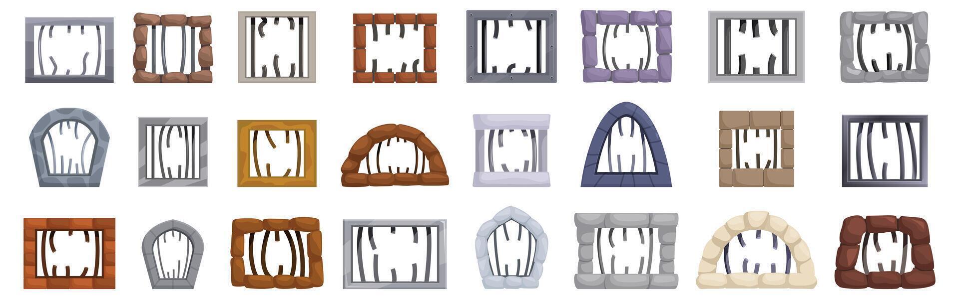 Broken jail bars icons set. Prison bars set showing different materials and shapes for jail windows vector