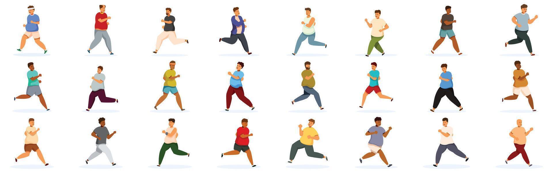 Fat man running icons set. Overweight men running, maintaining healthy lifestyle through exercise vector