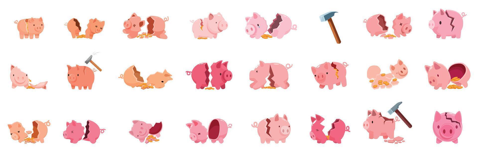 Broken piggy bank icons set. Broken piggy banks showing savings, investments, and financial hardship vector