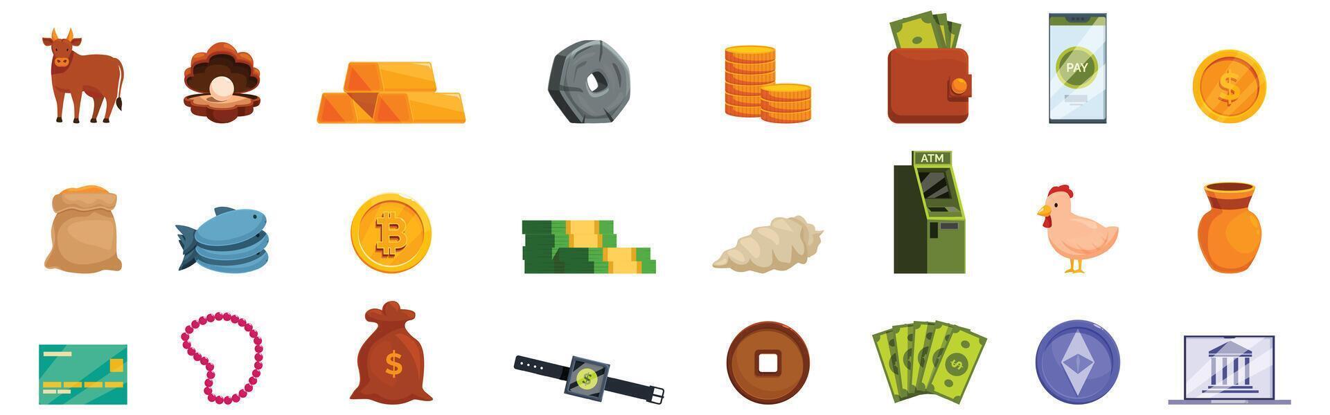 Evolution money icons set. Various ways of exchanging and storing value, from ancient to modern times vector