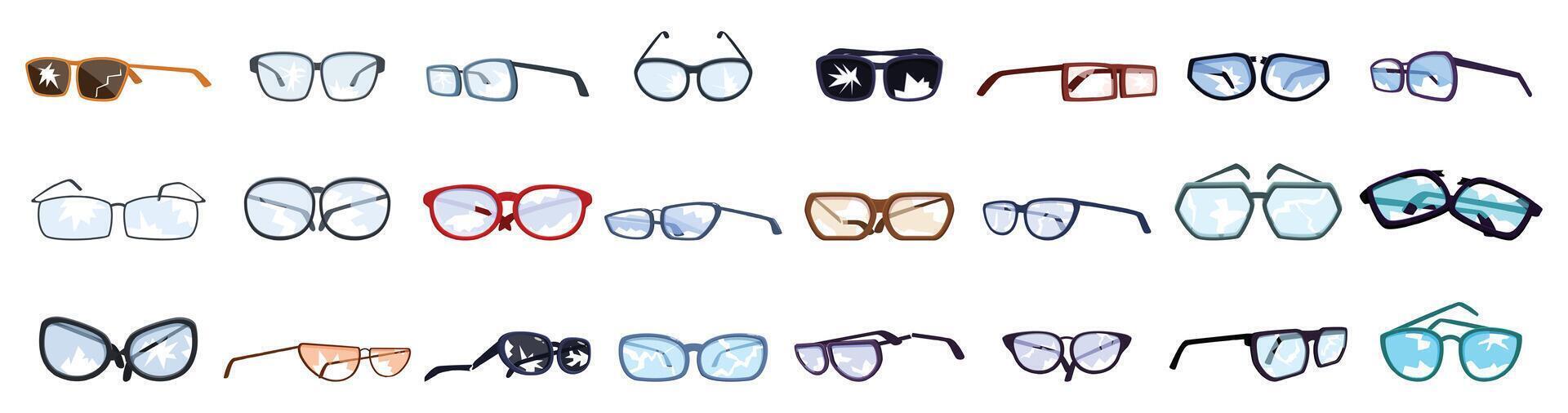 Broken glasses icons set. Large set of stylish eyeglasses reflecting sky with clouds vector