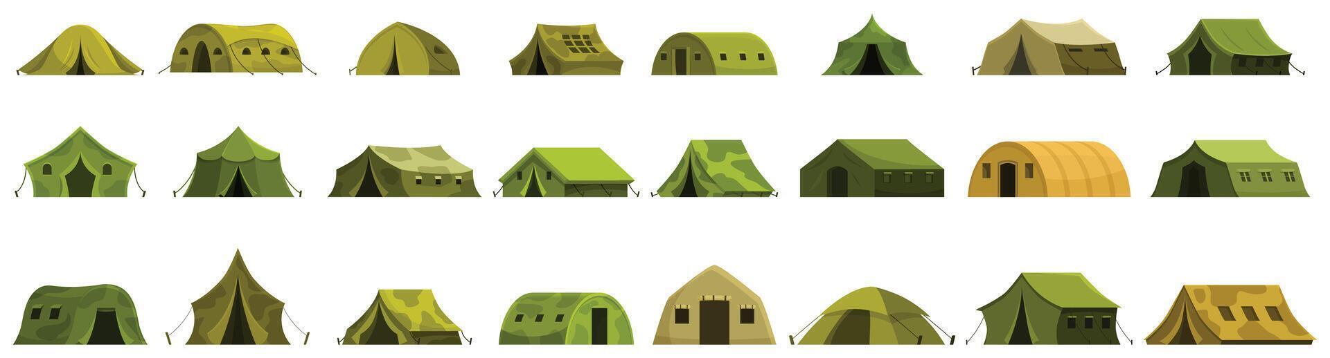 Military tent icons set. Camping tent icon set showing different styles of tents for outdoor recreation and shelter vector