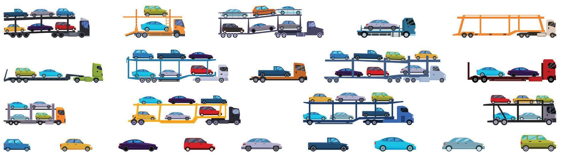 Vehicles hauling carrier icons set. Car carrier trucks transporting vehicles, various car haulers and tow trucks carrying cars vector