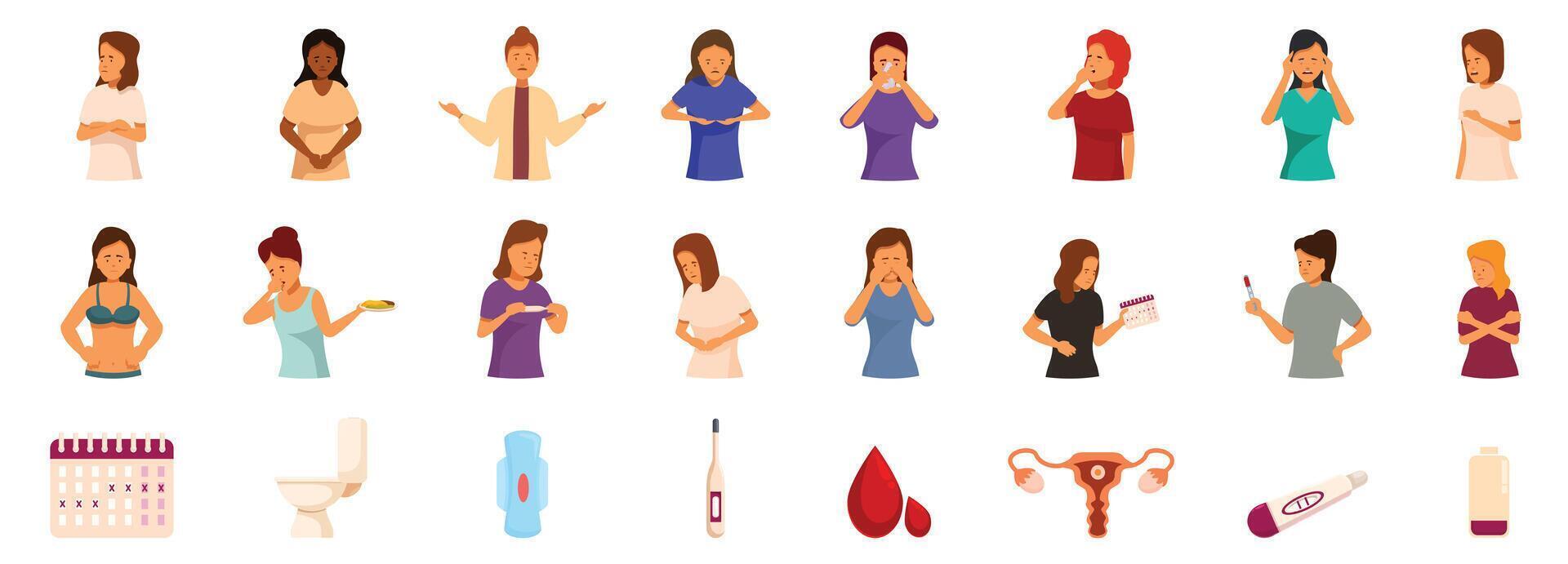 Early pregnancy symptoms icons set. Women experiencing pms symptoms, using pregnancy test and sanitary pads vector
